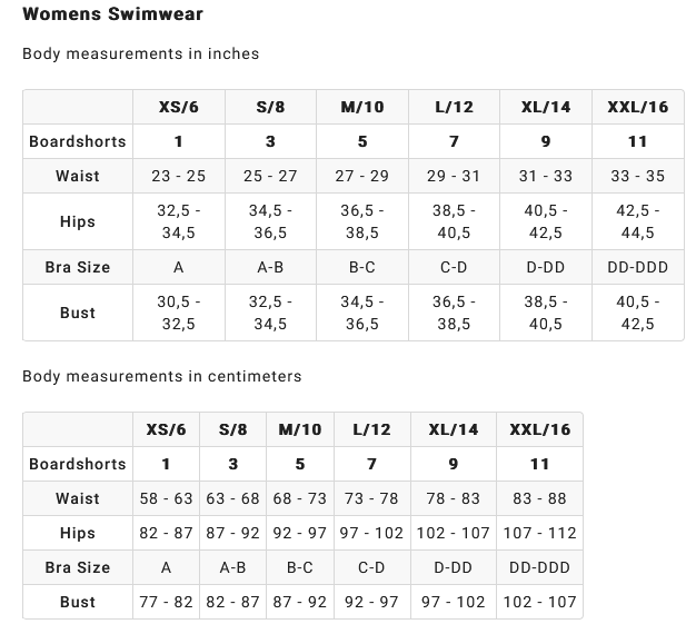 BILLABONG WOMENS RASH VEST 24 0 Size Chart